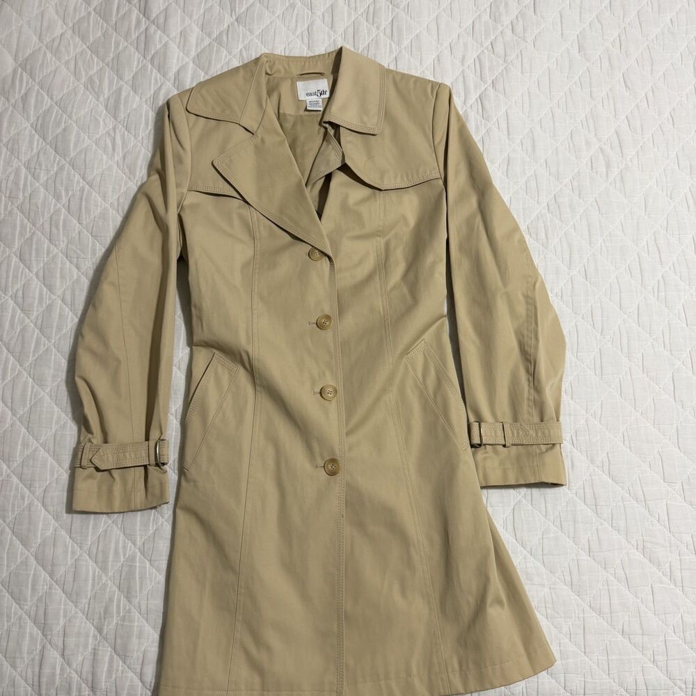 East 5th Womens M Beige Long Rain Coat Jacket Trench Minimalist Classic